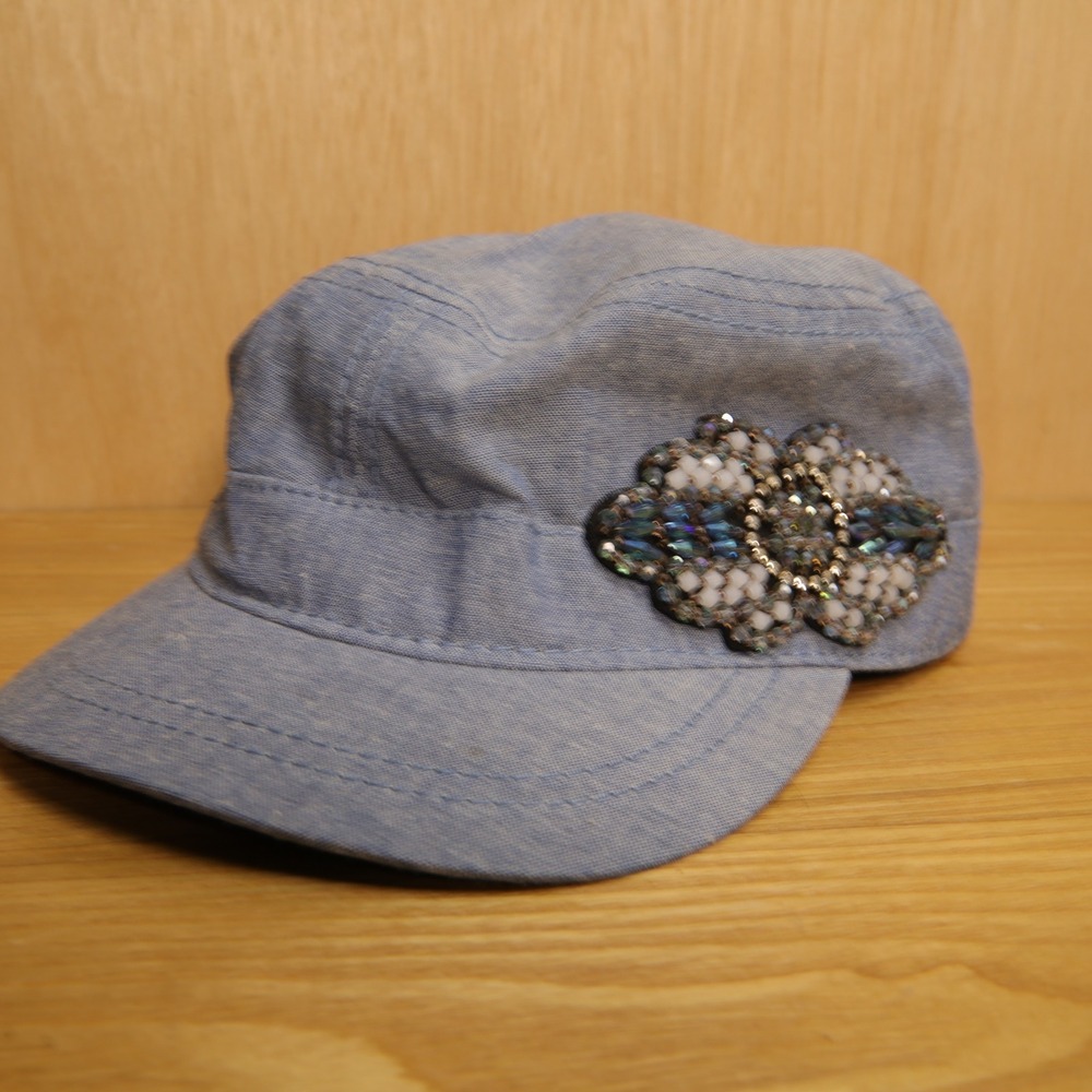 Womens Blue Chambray Cadet Cap Beaded Floral Medallion Military Style Hat OS